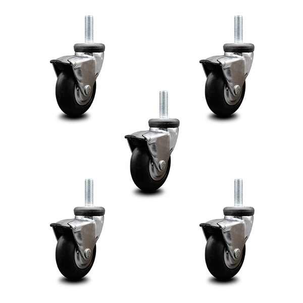 Service Caster 3 Inch Hooded Neoprene Rubber 3/8 Inch Threaded Stem Caster with Brakes, 5PK SCC-TS03S310-NPRB-BC-B-381610-5 - main